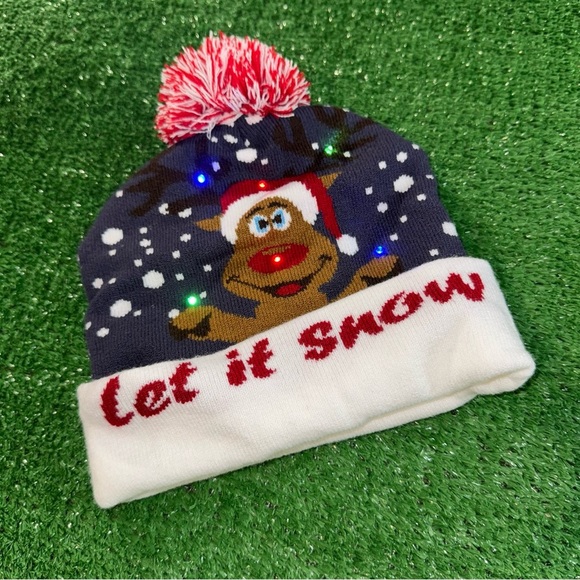 Reindeer Blue White Red Brown Knit Light Up Beanie Hat with Pom Pom Adult - Picture 3 of 3